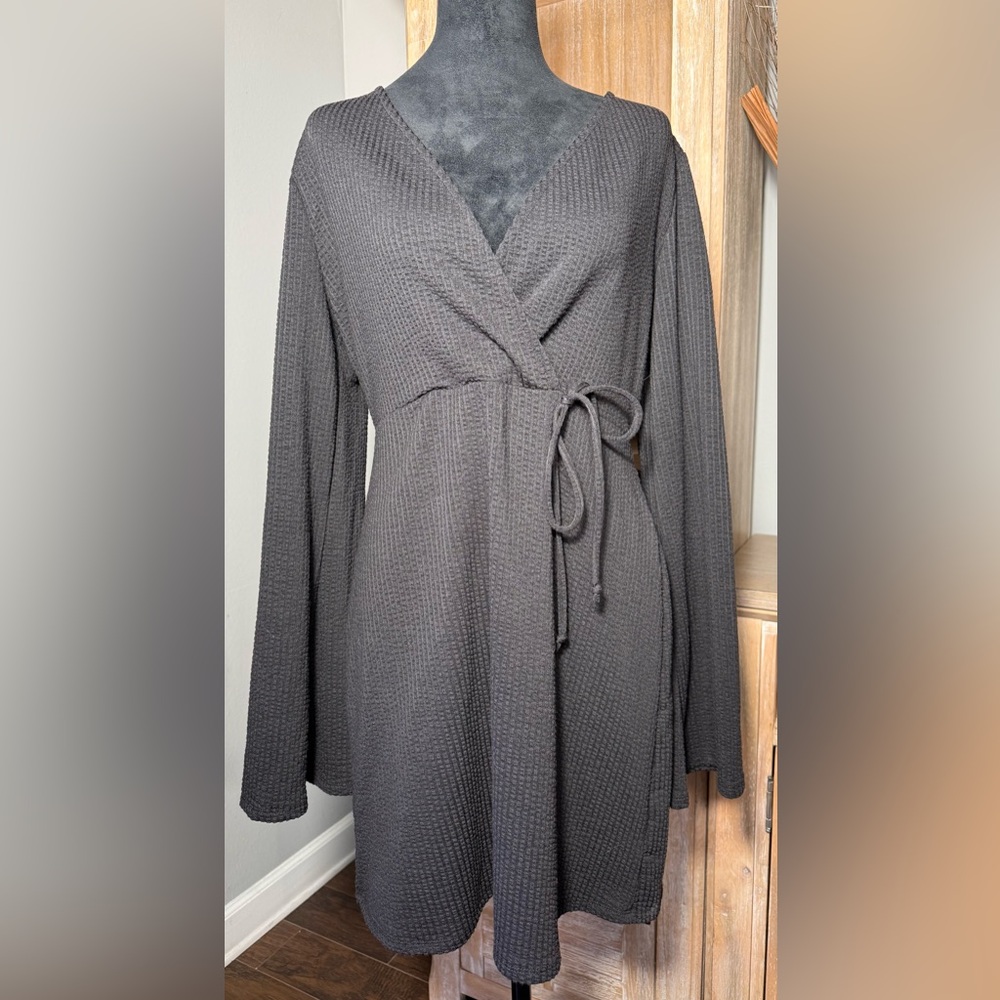 Pie In The Sky Black Waffle Knit Wrap Mini Dress Bell Sleeve XL NWOT
